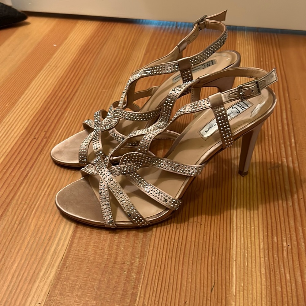 Women’s Dressy Tan and Rhinestone INC open toed heels